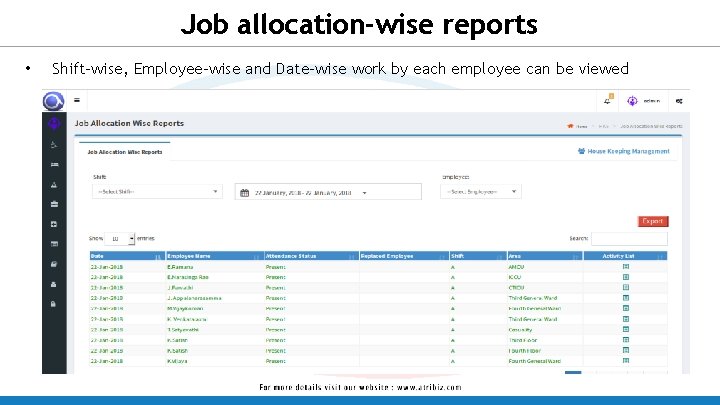 Job allocation-wise reports • Shift-wise, Employee-wise and Date-wise work by each employee can be