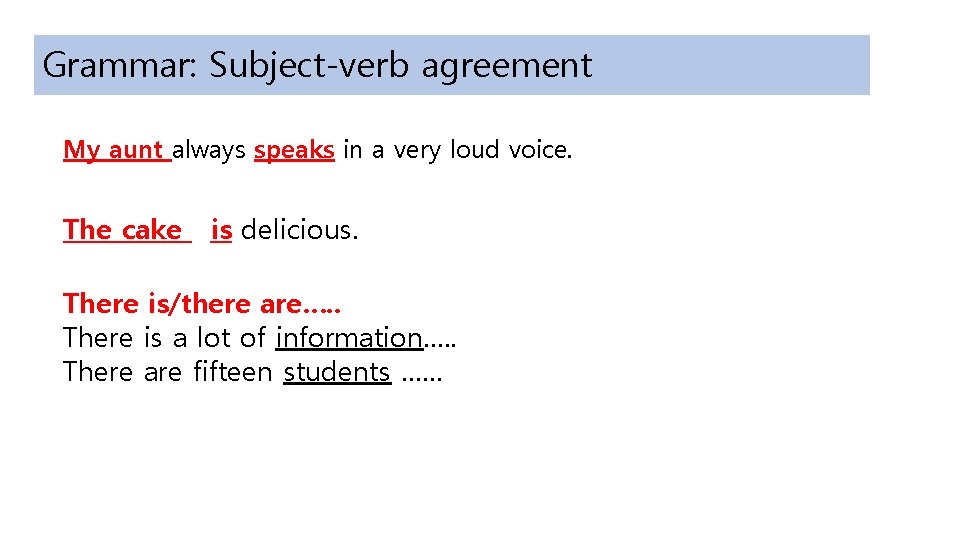 Grammar: Subject-verb agreement My aunt always speaks in a very loud voice. The cake