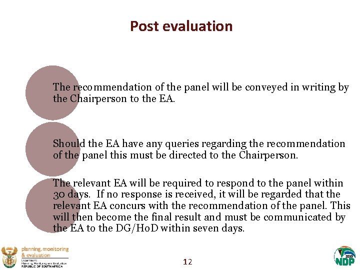 Post evaluation The recommendation of the panel will be conveyed in writing by the