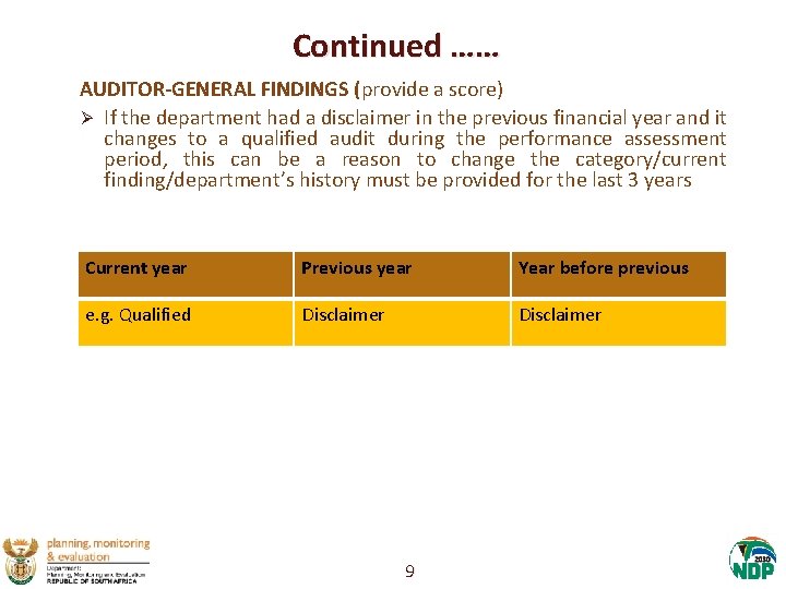 Continued …… AUDITOR-GENERAL FINDINGS (provide a score) Ø If the department had a disclaimer