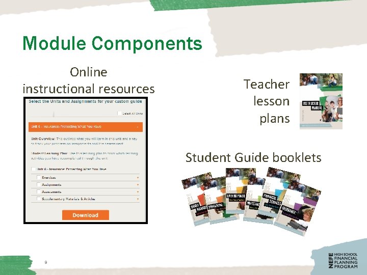 Module Components Online instructional resources Teacher lesson plans Student Guide booklets 9 