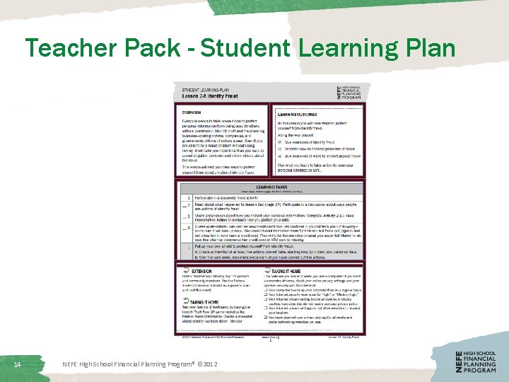 Teacher Pack - Student Learning Plan 14 NEFE High School Financial Planning Program® ©