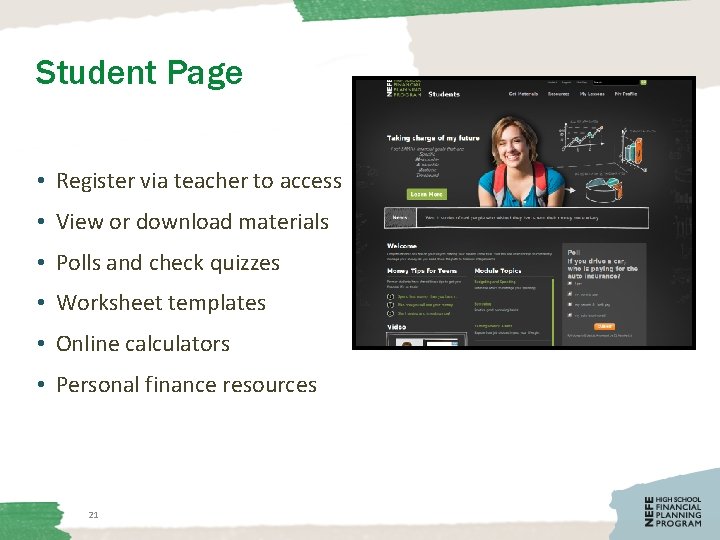 Student Page • Register via teacher to access • View or download materials •