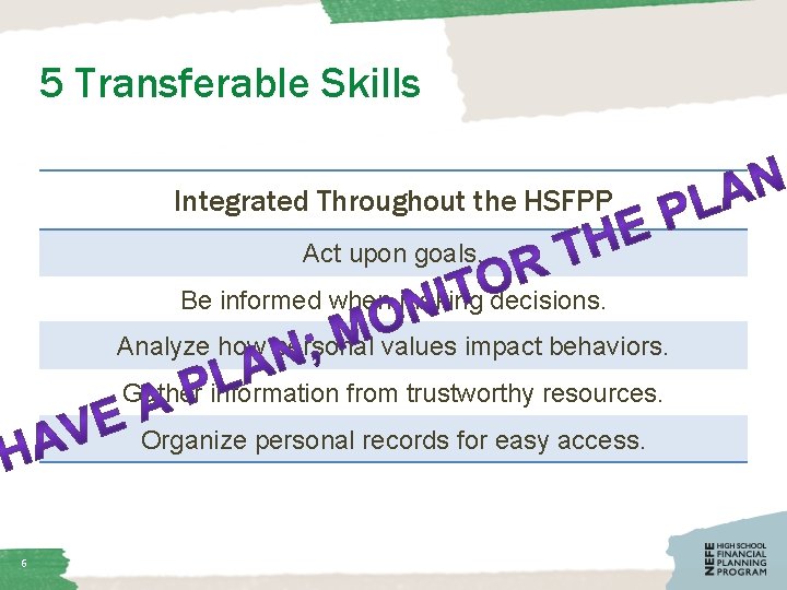5 Transferable Skills Integrated Throughout the HSFPP Act upon goals. Be informed when making