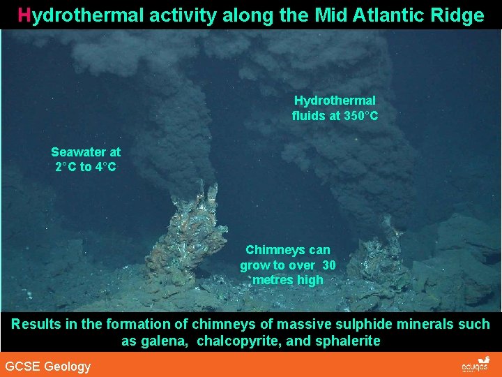Hydrothermal activity along the Mid Atlantic Ridge Hydrothermal fluids at 350°C Seawater at 2°C Hydrothermal activity along the Mid Atlantic Ridge Hydrothermal fluids at 350°C Seawater at 2°C