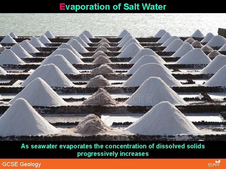 Evaporation of Salt Water As seawater evaporates the concentration of dissolved solids progressively increases Evaporation of Salt Water As seawater evaporates the concentration of dissolved solids progressively increases
