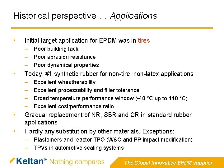 Historical perspective … Applications • Initial target application for EPDM was in tires – Historical perspective … Applications • Initial target application for EPDM was in tires –