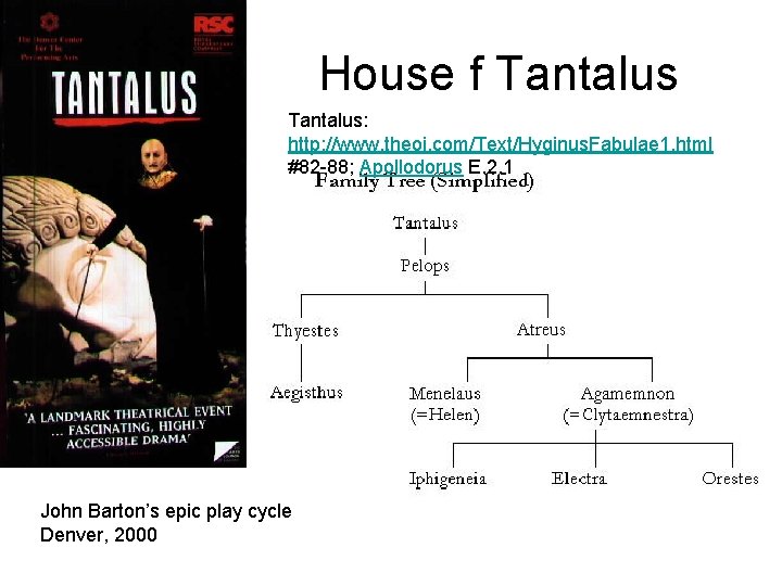 House f Tantalus: http: //www. theoi. com/Text/Hyginus. Fabulae 1. html #82 -88; Apollodorus E.