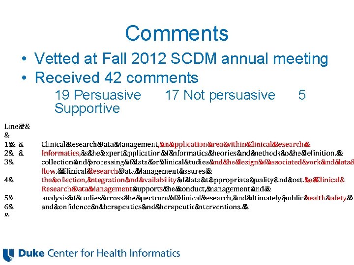 Comments • Vetted at Fall 2012 SCDM annual meeting • Received 42 comments 19
