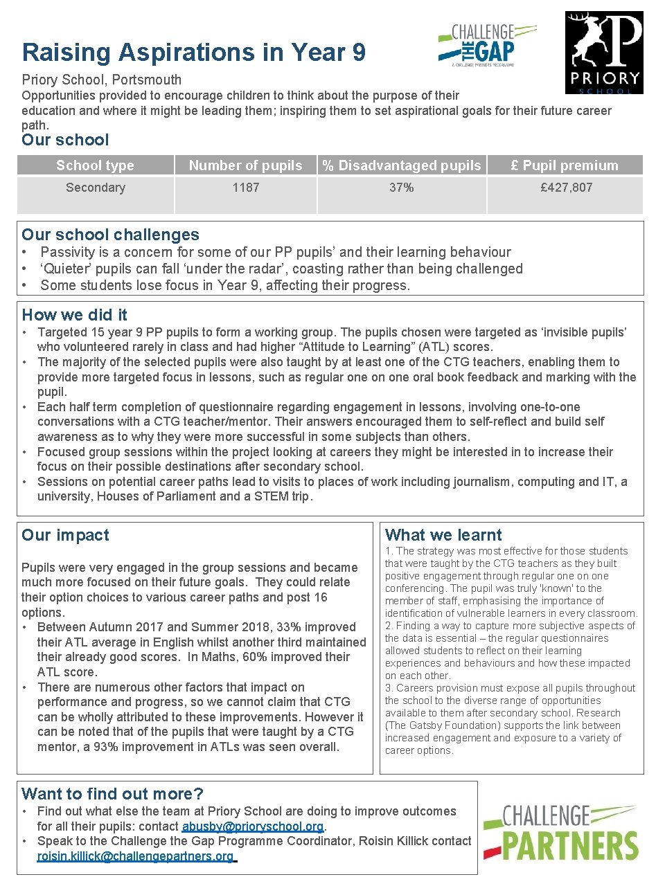 Raising Aspirations in Year 9 Priory School, Portsmouth Opportunities provided to encourage children to