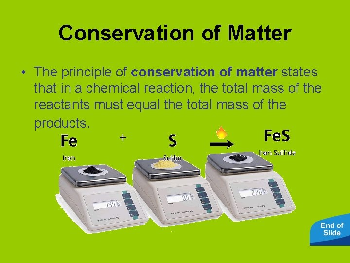 Conservation of Matter • The principle of conservation of matter states that in a