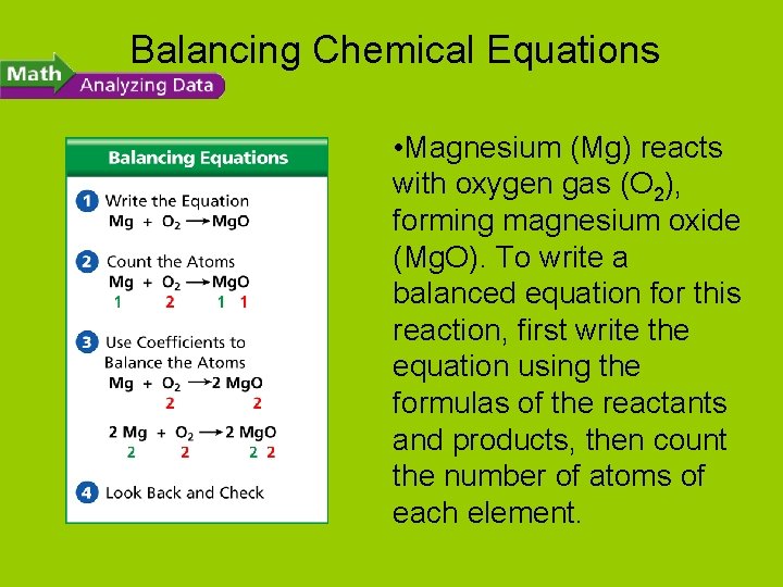 Balancing Chemical Equations • Magnesium (Mg) reacts with oxygen gas (O 2), forming magnesium
