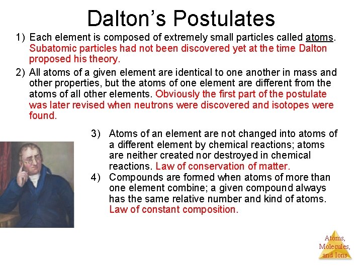 Dalton’s Postulates 1) Each element is composed of extremely small particles called atoms. Subatomic