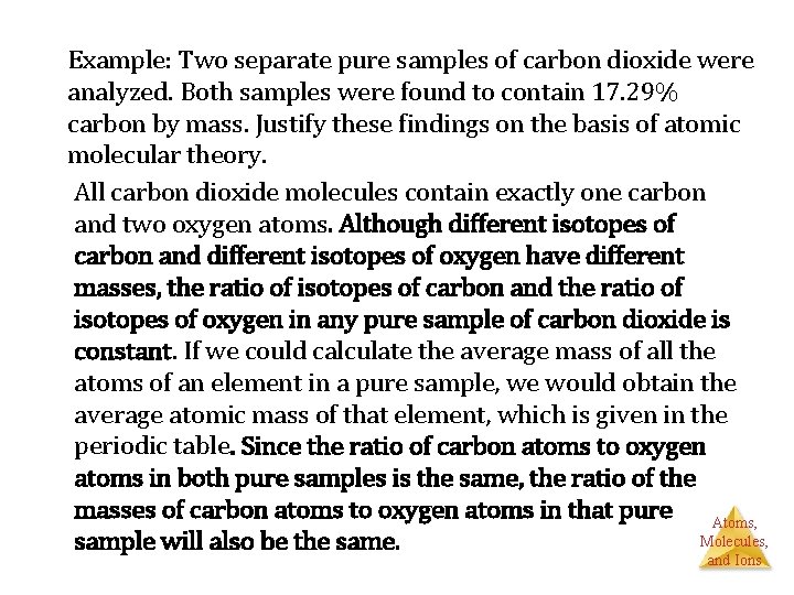 Example: Two separate pure samples of carbon dioxide were analyzed. Both samples were found