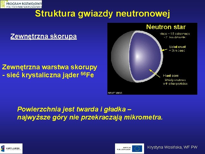 Struktura gwiazdy neutronowej Zewnętrzna skorupa Zewnętrzna warstwa skorupy - sieć krystaliczna jąder 56 Fe Struktura gwiazdy neutronowej Zewnętrzna skorupa Zewnętrzna warstwa skorupy - sieć krystaliczna jąder 56 Fe