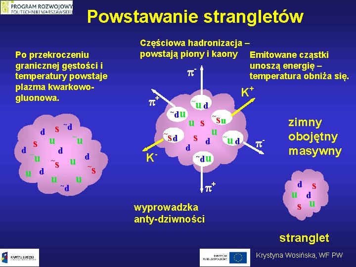 Powstawanie strangletów Po przekroczeniu granicznej gęstości i temperatury powstaje plazma kwarkowogluonowa. ~ d s