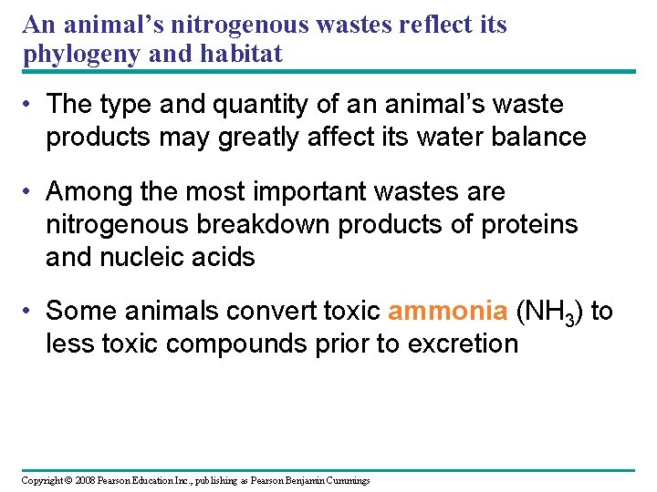 An animal’s nitrogenous wastes reflect its phylogeny and habitat • The type and quantity