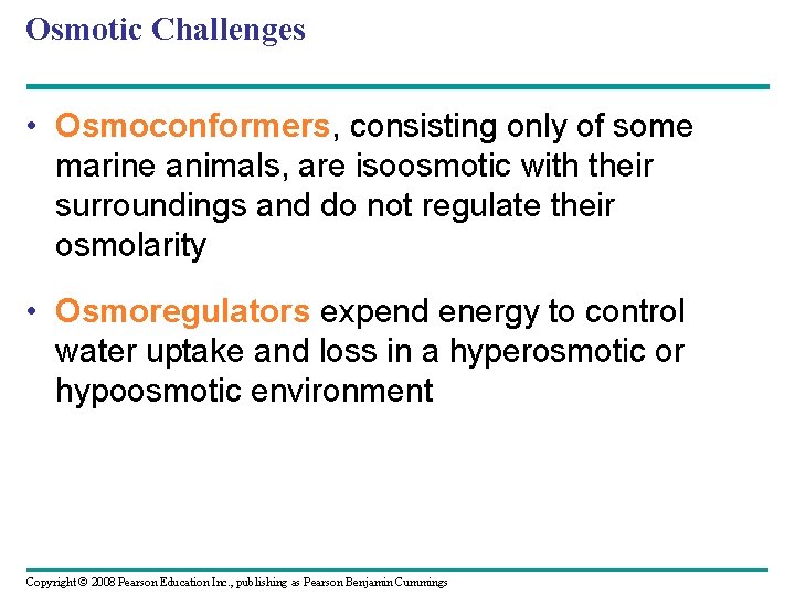 Osmotic Challenges • Osmoconformers, consisting only of some marine animals, are isoosmotic with their