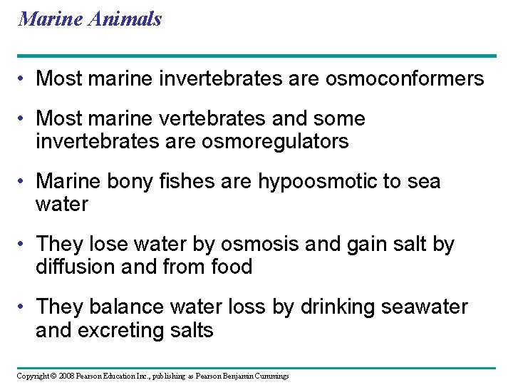 Marine Animals • Most marine invertebrates are osmoconformers • Most marine vertebrates and some