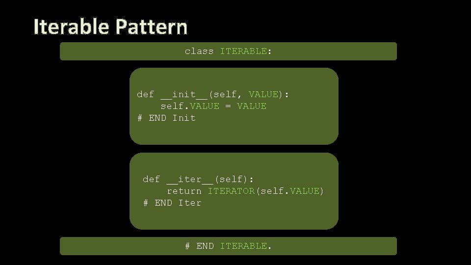Iterable Pattern class ITERABLE: def __init__(self, VALUE): self. VALUE = VALUE # END Init