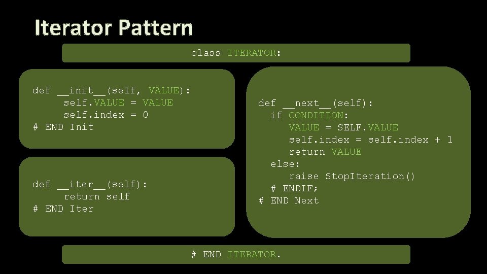 Iterator Pattern class ITERATOR: def __init__(self, VALUE): self. VALUE = VALUE self. index =