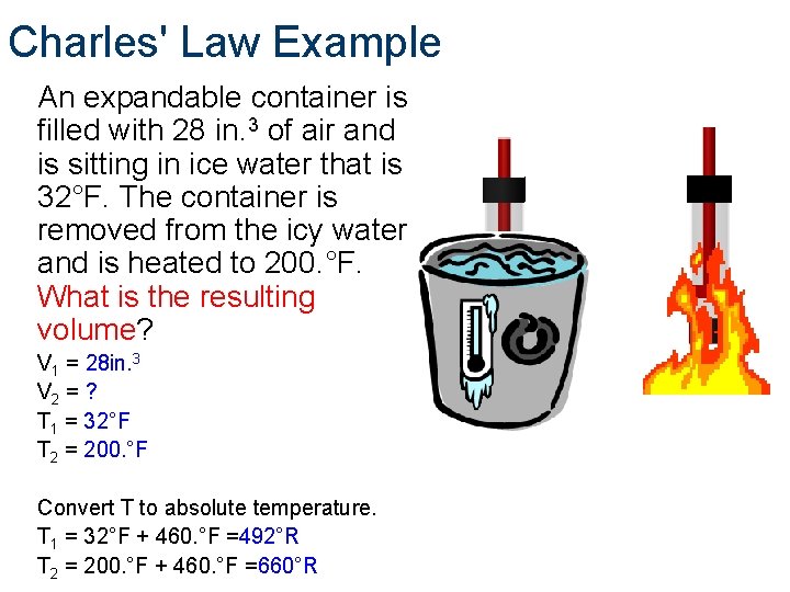 Charles' Law Example An expandable container is filled with 28 in. 3 of air