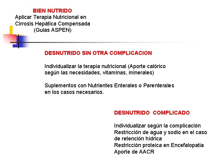 BIEN NUTRIDO Aplicar Terapia Nutricional en Cirrosis Hepática Compensada (Guias ASPEN) DESNUTRIDO SIN OTRA