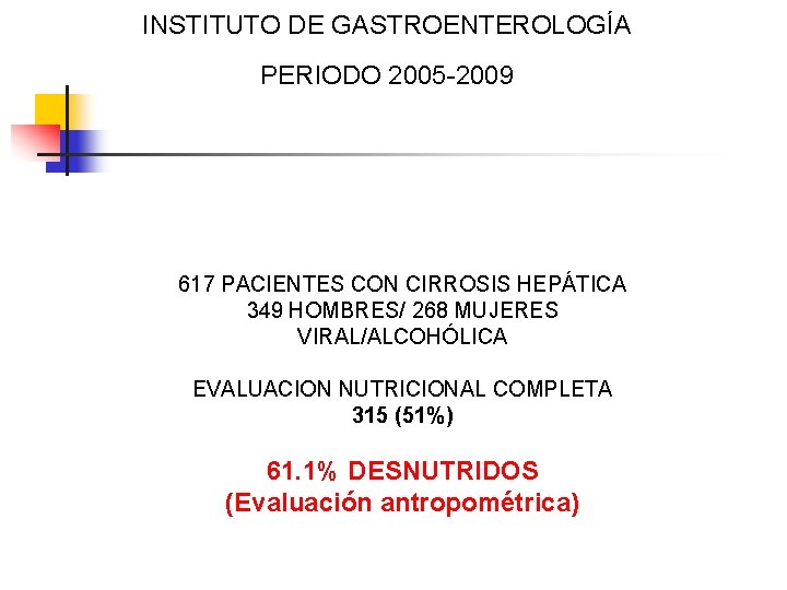 INSTITUTO DE GASTROENTEROLOGÍA PERIODO 2005 -2009 617 PACIENTES CON CIRROSIS HEPÁTICA 349 HOMBRES/ 268