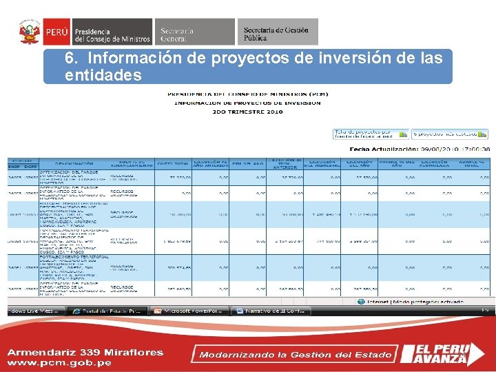 6. Información de proyectos de inversión de las entidades Objetivos del Acuerdo Nacional 14