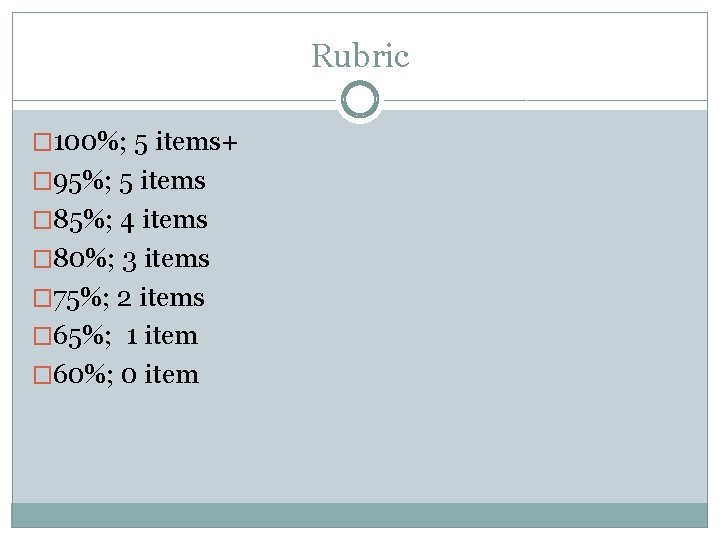 Rubric � 100%; 5 items+ � 95%; 5 items � 85%; 4 items �