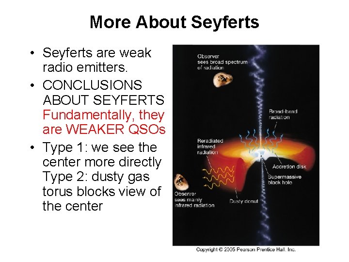 More About Seyferts • Seyferts are weak radio emitters. • CONCLUSIONS ABOUT SEYFERTS Fundamentally,