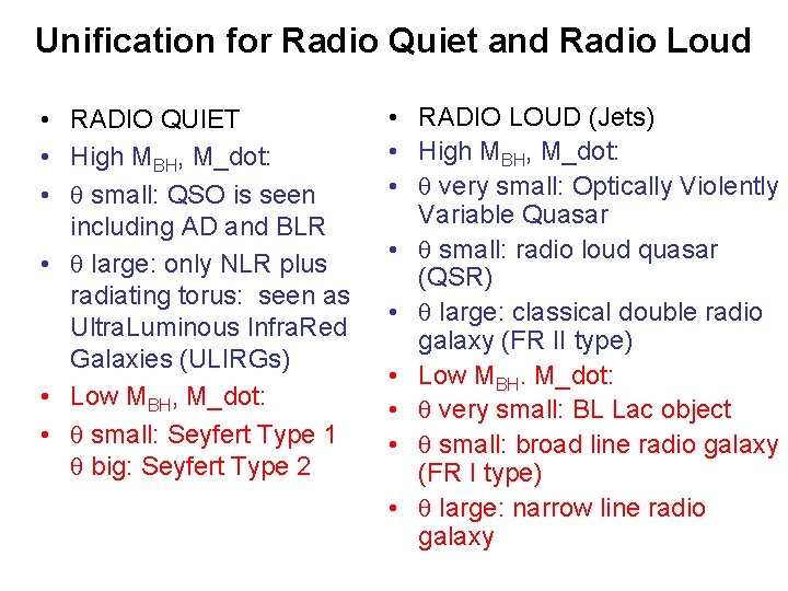 Unification for Radio Quiet and Radio Loud • RADIO QUIET • High MBH, M_dot: