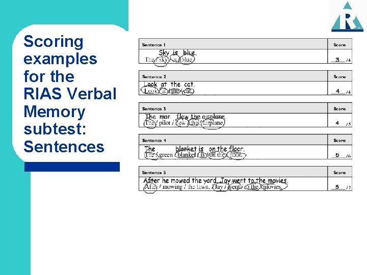 Scoring examples for the RIAS Verbal Memory subtest: Sentences 