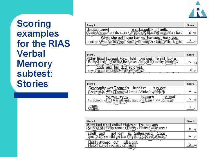 Scoring examples for the RIAS Verbal Memory subtest: Stories 