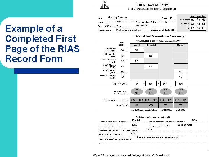 Example of a Completed First Page of the RIAS Record Form 