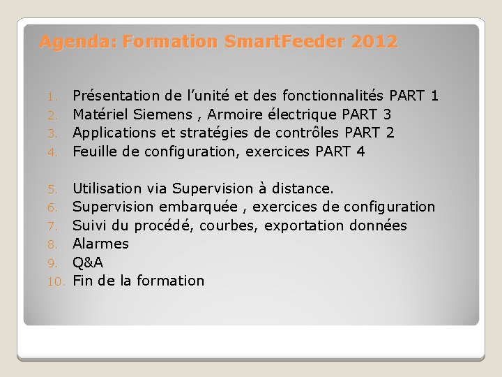 Agenda: Formation Smart. Feeder 2012 Présentation de l’unité et des fonctionnalités PART 1 2.