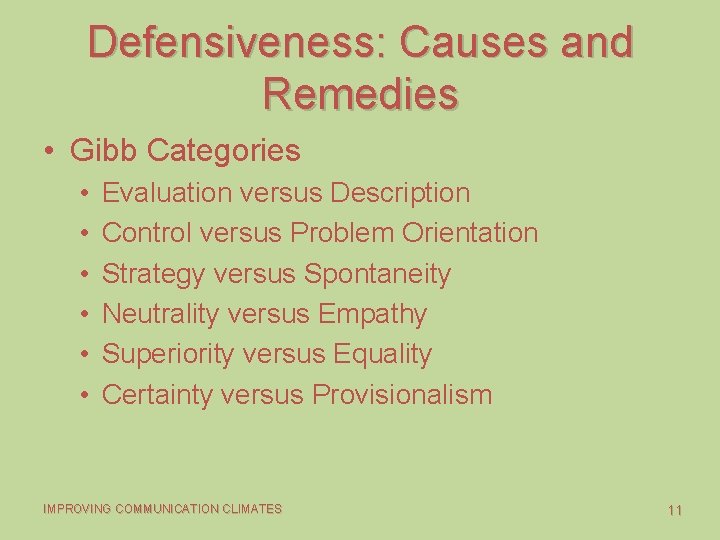 Defensiveness: Causes and Remedies • Gibb Categories • • • Evaluation versus Description Control