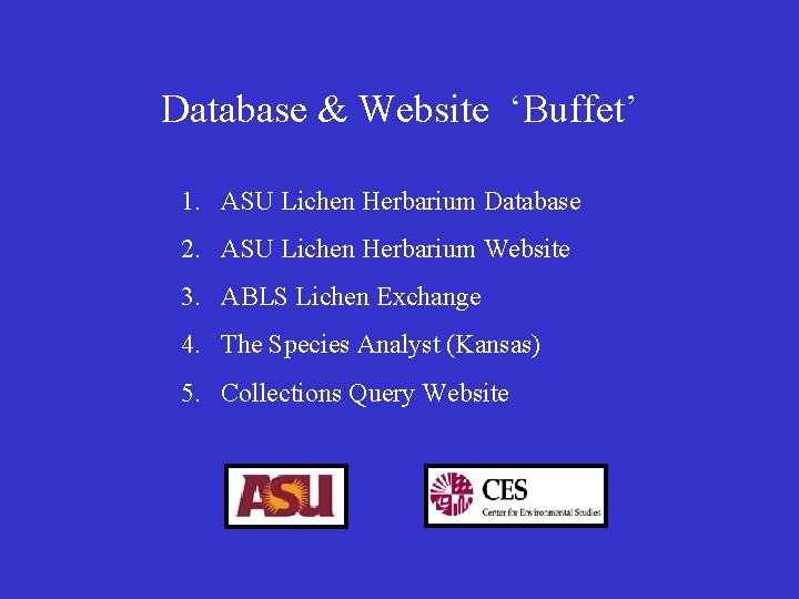 Database & Website ‘Buffet’ 1. ASU Lichen Herbarium Database 2. ASU Lichen Herbarium Website