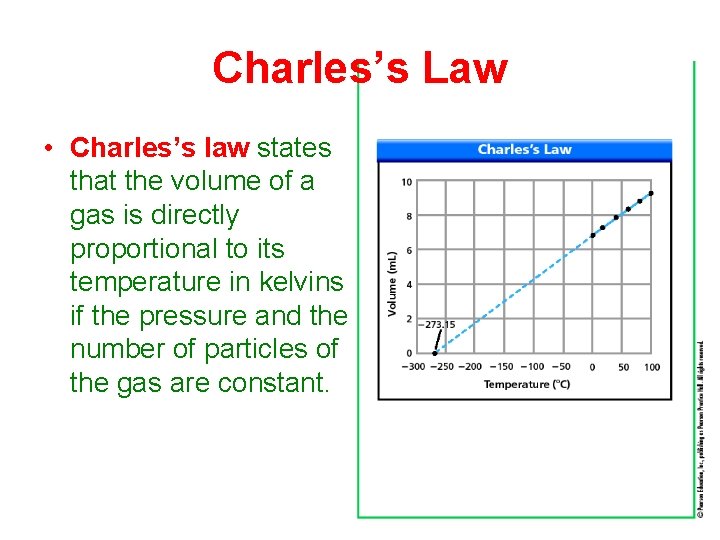 Charles’s Law • Charles’s law states that the volume of a gas is directly