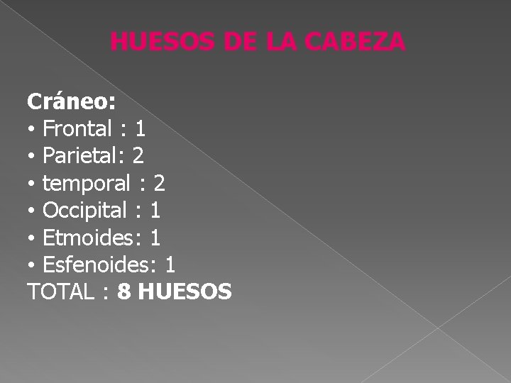 HUESOS DE LA CABEZA Cráneo: • Frontal : 1 • Parietal: 2 • temporal