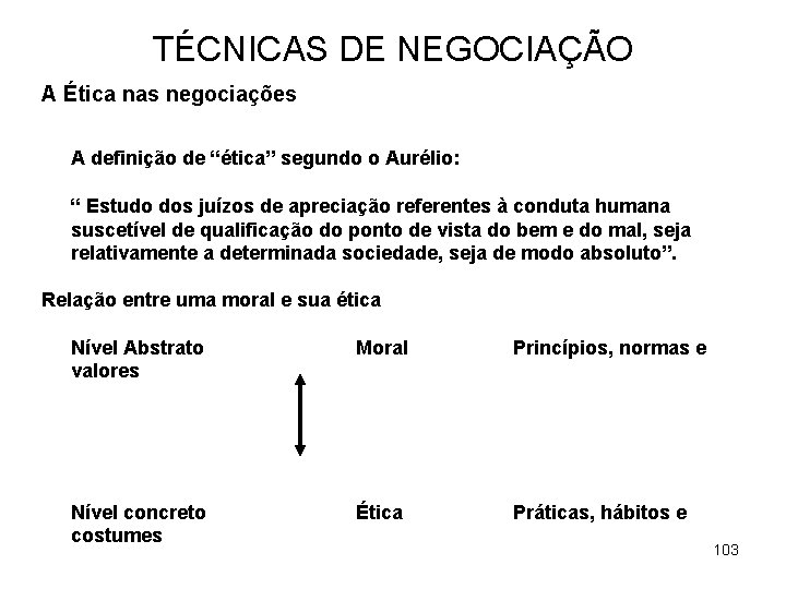 TÉCNICAS DE NEGOCIAÇÃO A Ética nas negociações A definição de “ética” segundo o Aurélio: