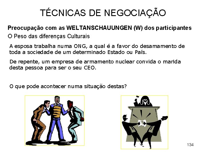 TÉCNICAS DE NEGOCIAÇÃO Preocupação com as WELTANSCHAUUNGEN (W) dos participantes O Peso das diferenças