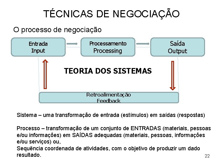 TÉCNICAS DE NEGOCIAÇÃO O processo de negociação Entrada Input Processamento Processing Saída Output TEORIA
