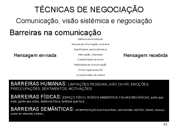 TÉCNICAS DE NEGOCIAÇÃO Comunicação, visão sistêmica e negociação Barreiras na comunicação Idéias preconcebidas Recusa