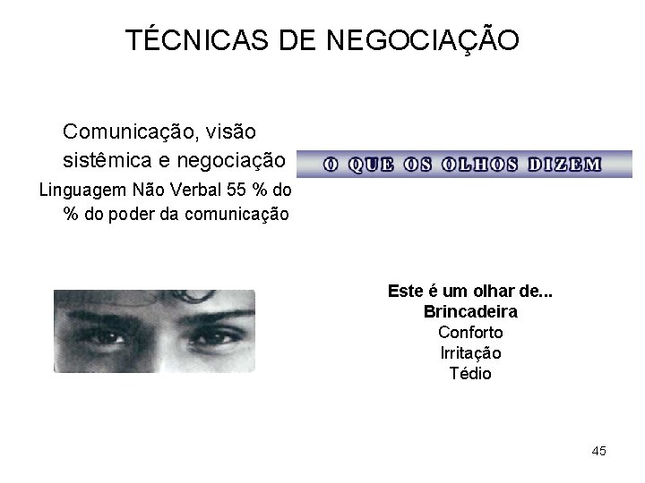 TÉCNICAS DE NEGOCIAÇÃO Comunicação, visão sistêmica e negociação Linguagem Não Verbal 55 % do