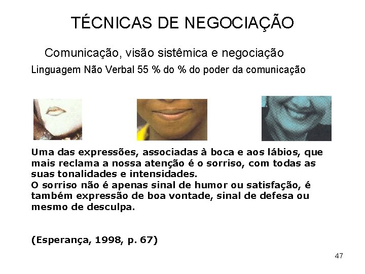 TÉCNICAS DE NEGOCIAÇÃO Comunicação, visão sistêmica e negociação Linguagem Não Verbal 55 % do