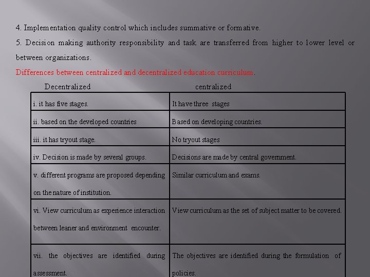 4. Implementation quality control which includes summative or formative. 5. Decision making authority responsibility