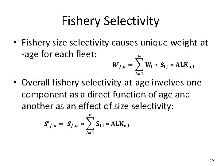 Fishery Selectivity • Fishery size selectivity causes unique weight-at -age for each fleet: • Fishery Selectivity • Fishery size selectivity causes unique weight-at -age for each fleet: •