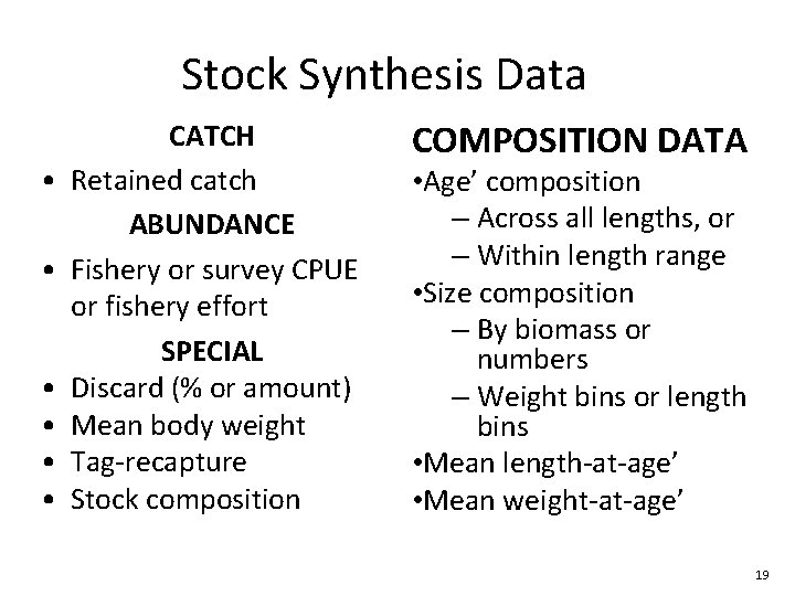 Stock Synthesis Data • • • CATCH Retained catch ABUNDANCE Fishery or survey CPUE Stock Synthesis Data • • • CATCH Retained catch ABUNDANCE Fishery or survey CPUE