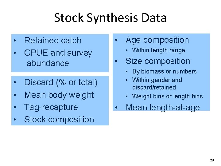 Stock Synthesis Data • Retained catch • CPUE and survey abundance • • Discard Stock Synthesis Data • Retained catch • CPUE and survey abundance • • Discard